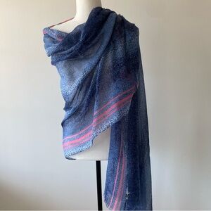 MANGO Blue Patterned Scarf with Pink Stripe